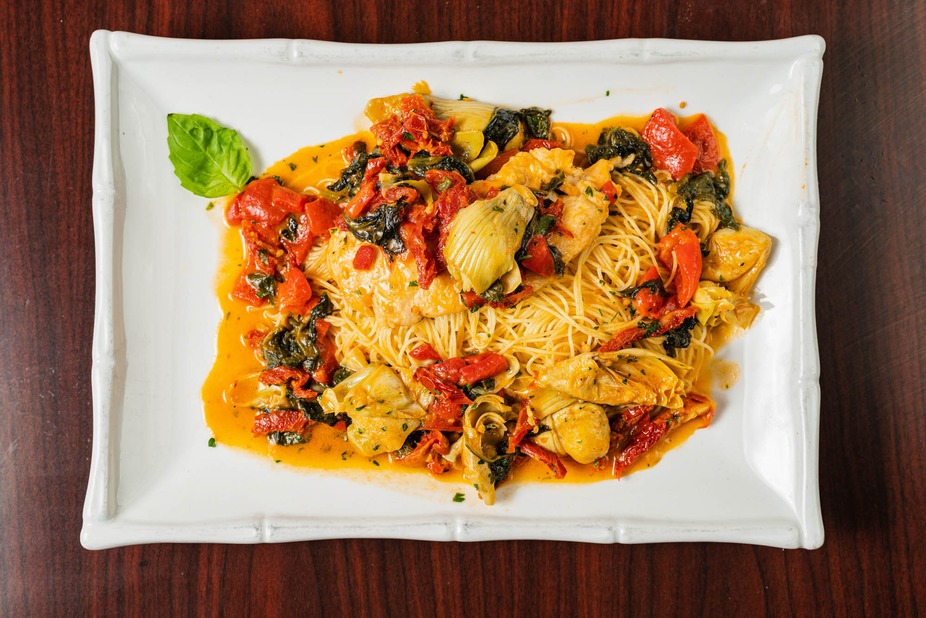 Chicken Carciofini with Angel Hair Pasta, available as a catering tray from Joe&rsquo;s Pizza Italian Cuisine & Bar, Fort Worth